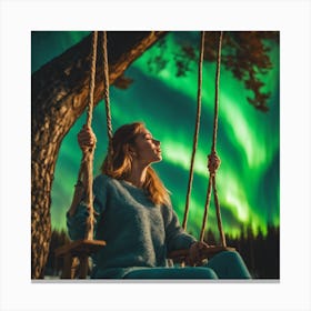 Girl in swing looking at the Aurora borealis Canvas Print