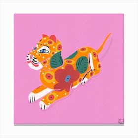 Tiger With Flowers On Pink Background Square Canvas Print