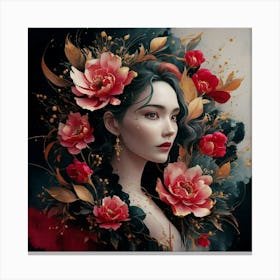 Chinese Woman With Flowers Canvas Print