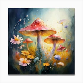 Mushrooms And Flowers Ethereal Watercolor Techniques Canvas Print