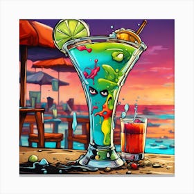 A Cartoon Adventure Of A Dirty Martini At The Beach Canvas Print