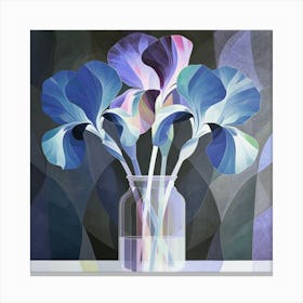 Blue Irises in Vase. Dark Blue Canvas Print