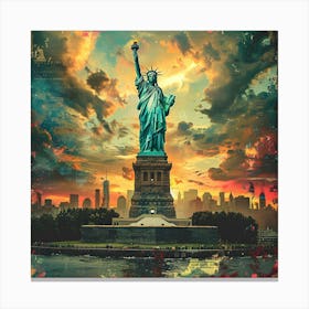 Statue Of Liberty At Sunset, retro collage Canvas Print