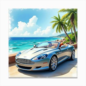 Aston Martin Db9 With A Colorful Watercolor Ocean View Canvas Print