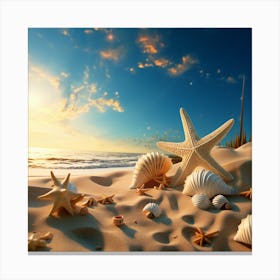 Starfish And Shells On The Beach Canvas Print