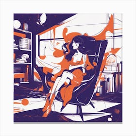 Drew Illustration Of Girl On Chair In Bright Colors, Vector Ilustracije, In The Style Of Dark Navy A (3) Canvas Print