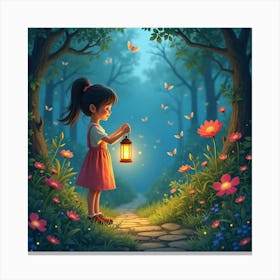 A Girl Standing In A Magical Garden, Holding A Lantern, Surrounded By Glowing Flowers And Butterflies Canvas Print