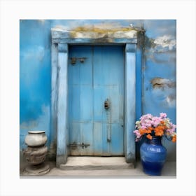 Blue wall. An old-style door in the middle, silver in color. There is a large pottery jar next to the door. There are flowers in the jar Spring oil colors. Wall painting.1 Canvas Print