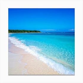 Crystal Clear Turquoise Waters Gently Lap Upon A Sun Drenched Undisturbed Sandy Beach With A Prist Canvas Print