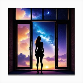 Woman Looking Out Of Window At Night Canvas Print