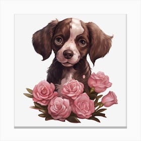 Puppy With Roses 2 Canvas Print