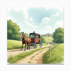 A Classic English Countryside Scene With A Horse Drawn Carriage, Watercolor Style 1 Canvas Print