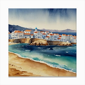 Watercolour Of A Village.Summer on a Greek island. Sea. Sand beach. White houses. Blue roofs. The beauty of the place. Watercolor. Canvas Print