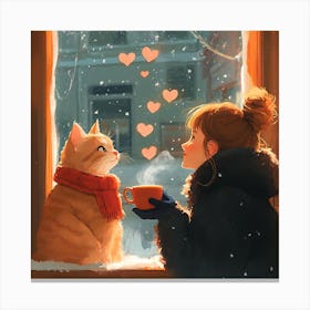 Cat and Person Sharing Hot Cocoa Artwork 8 Canvas Print