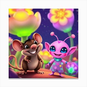 Alien Kid And Cute Little Mouse Canvas Print