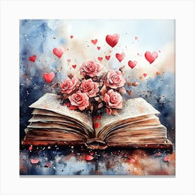 Watercolor Romantic Book Roses Hearts 11 Canvas Print