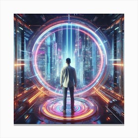 Futuristic Man In Futuristic City Canvas Print