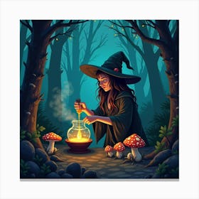 Witch Brewing Potions In A Dark Forest With Glowing Mushrooms And Toads 1 Canvas Print