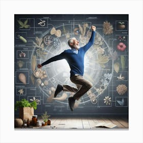 Senior Man Jumping In Front Of A Medical Diagram Canvas Print