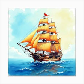 Vibrant Galleon Sailing In Watercolor Ocean Hues 1 Canvas Print