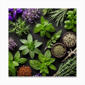 Top View Of Herbs On Black Background 1 Canvas Print