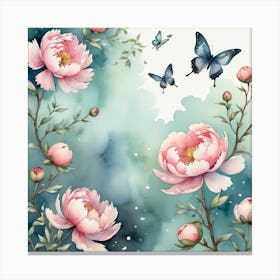 Pink Peonies With Butterflies Canvas Print