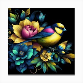 Colorful Bird With Flowers Canvas Print