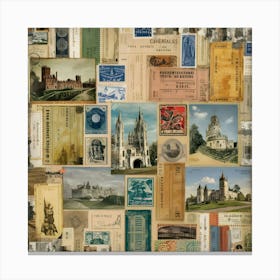 A Decorative Frame Holds An Assortment Of Old Postcards And Stamps, Capturing The Essence Of Past Travels And Correspondence Canvas Print