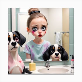 Little Girl With Dogs In Bathroom Canvas Print