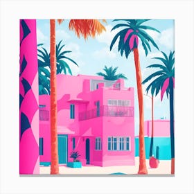 Pink House With Palm Trees Canvas Print