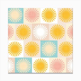 Retro Summery Sun Chequered Pastels in Aqua, Peachy Pink, Yellow Canvas Print