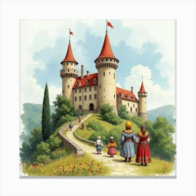 English Castle Backdrop With Romanian Folklore Characters, Watercolor Style 1 Canvas Print