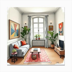 Watercolor Of A French Bohemian Apartment With Eclectic Decor And Art 1 Canvas Print