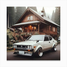 A 1981 White Toyota Corolla Gli Twin Cam With Full Body Kit In Front Of A Cabin House 6 Leinwandbild