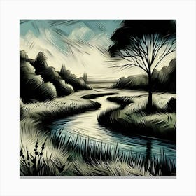 An Impressionist Illustration Depicts A River Winding Through A Meadow Featuring A Thick Black Outline 3 Canvas Print