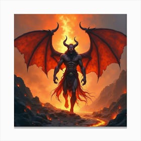 Demon In Fiery Volcanic Realm, Watercolor, Intense Hues 1 Canvas Print