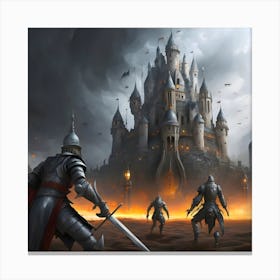 Aliens fight against medieval castle with knights, Knights In Armor Canvas Print
