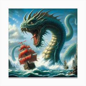 Serpent Dragon attacks ship Canvas Print