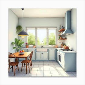 Bright And Airy Kitchen, Watercolor Painting, Inviting Design 1 Canvas Print