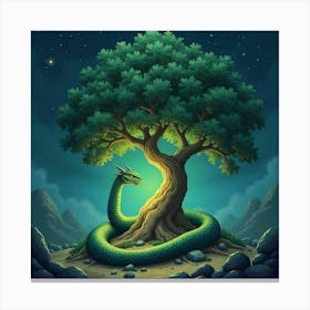 Giant Serpent Coiled Around A Glowing, Enchanted Tree Canvas Print