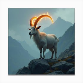 A Goat With Glowing, Twisted Horns, Standing On A Rocky Mountain Peak Canvas Print