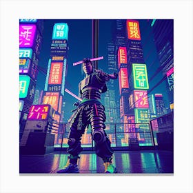 Cyberpunk Samurai In A Neon Lit Megacity Canvas Print