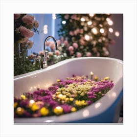Flowers In The Bathtub, lit candles, purple and yellow Canvas Print
