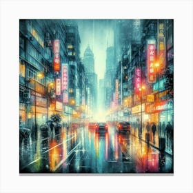 Rain Soaked Cityscape With Neon Lights Reflecting On Wet Pavement (2) Canvas Print