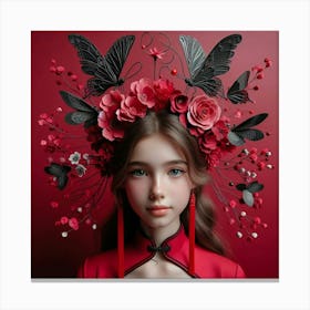 Chinese Girl With Flowers Canvas Print