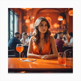 Beautiful Woman In Orange Dress In A Restaurant Canvas Print
