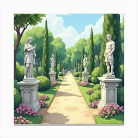 Watercolor Enchanted Garden With Majestic Statues 1 Canvas Print