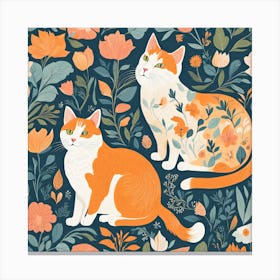 Orange Cats In Floral Pattern Canvas Print