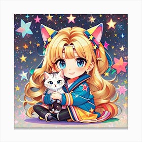 Kawaii Girl With Cat Canvas Print