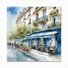 Paris Street Cafe Scene Illustration Sage Blue Watercolour Canvas Print